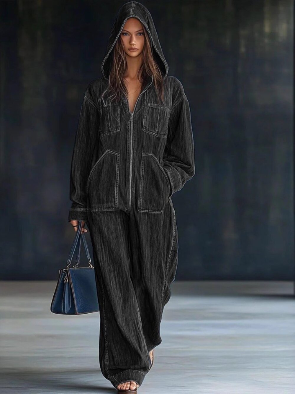 Women’s Black Long Sleeve Straight Leg Jumpsuit S–2XL – Casual Wide Waist One Pi